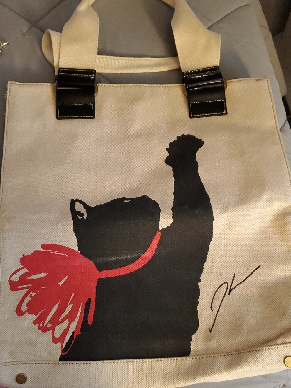 Jadon Wu Limited Edition Canvas Cat Tote Bag in Cream and Black with Red Accent